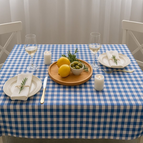 Fata de masa bumbac teflonat 140x180cm carouri albastre pe fundal alb