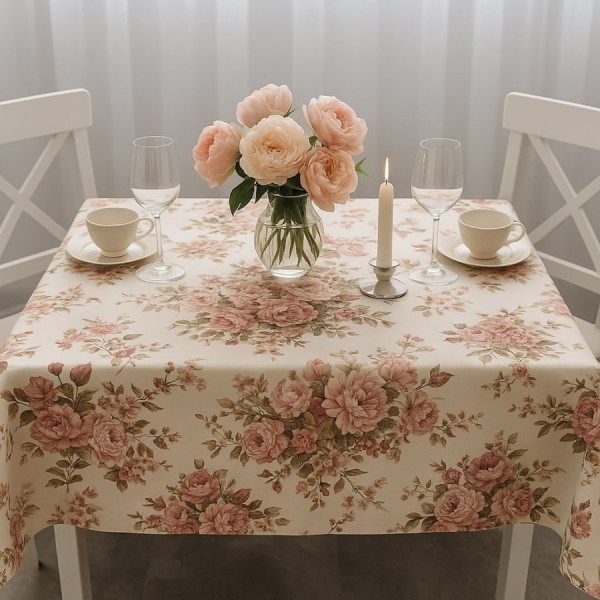 Fata de masa din bumbac teflonat 140x180 cm cu imprimeu trandafiri roz pe fundal crem