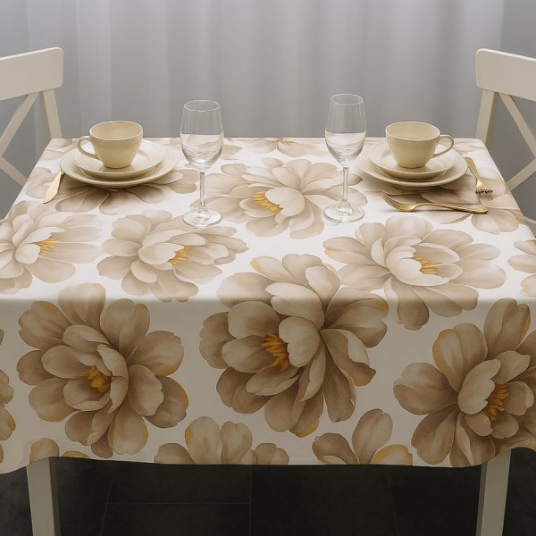 Fata de masa rotunda bumbac teflonat 160cm floral bej eleganta