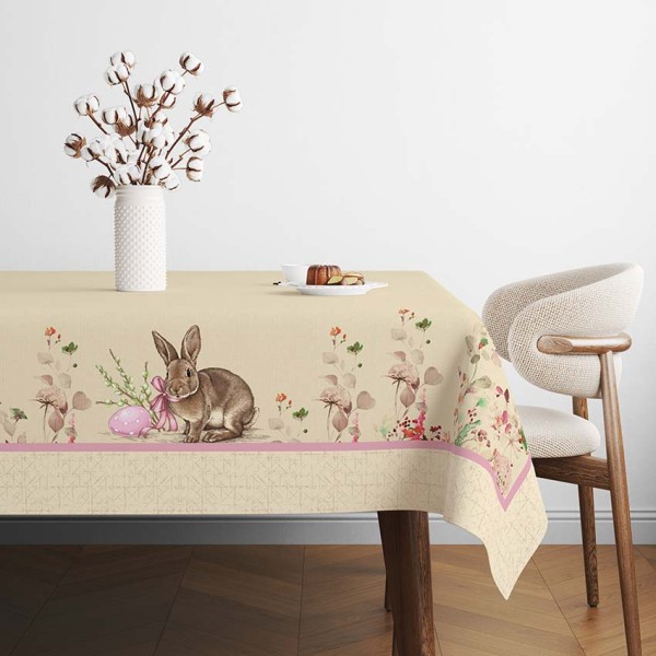 Fata de masa Paste 140x180cm, bumbac 100%, cu iepurași și detalii florale, model Maddi