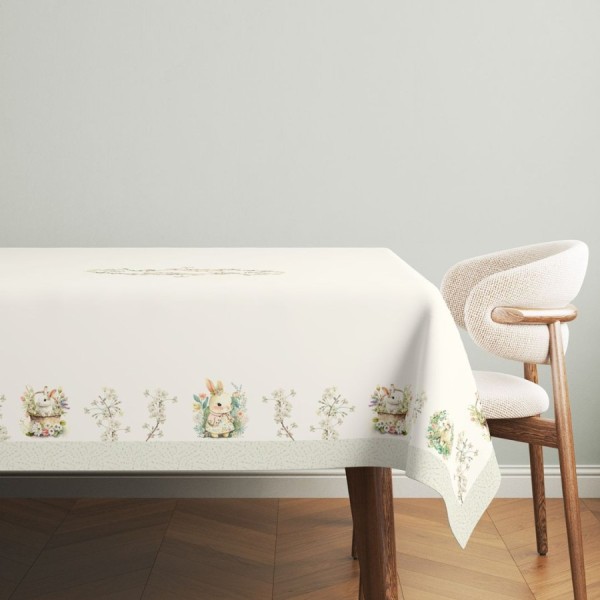 Fata de masa Paste YoYo 140x220cm, bumbac 100%, cu iepurași și flori pastelate, decor elegant pentru masa de Paște.
