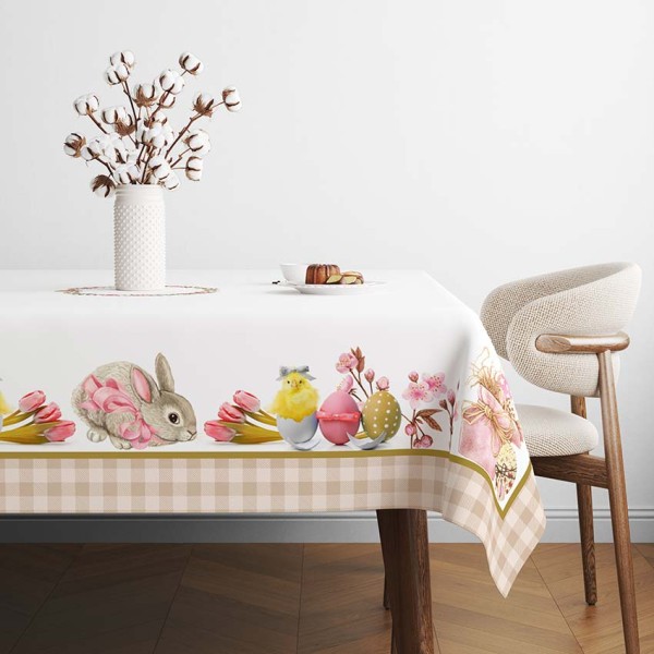 Fata de masa 140x320cm, bumbac 100%, Cena cu iepurasi pui si lalele decorative imprimeu digital