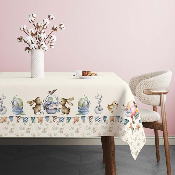 Față de masă Paște bumbac 100%, 140x320 cm, model cu iepurași, ouă și puișori Feta