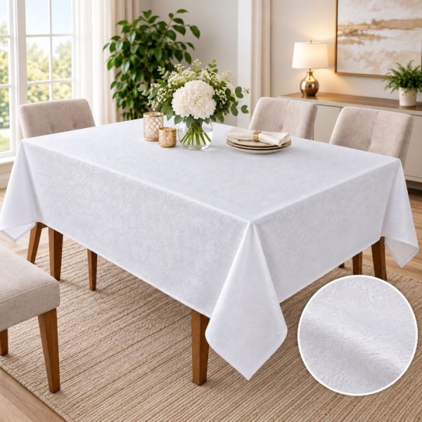 Fata de masa alba cu model damasc floral pe masa dreptunghiulara 150x240cm, fabricata in Romania