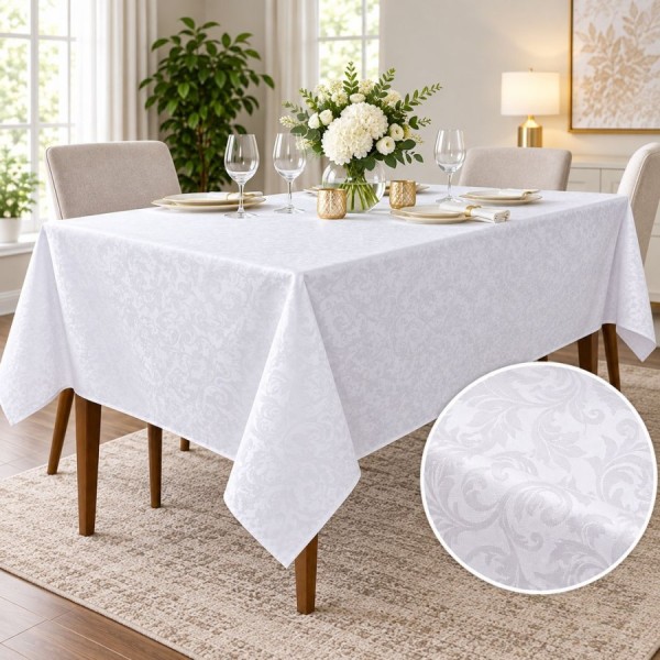 Fata de masa alba jacquard cu frunze stilizate pe masa lunga 150x320cm