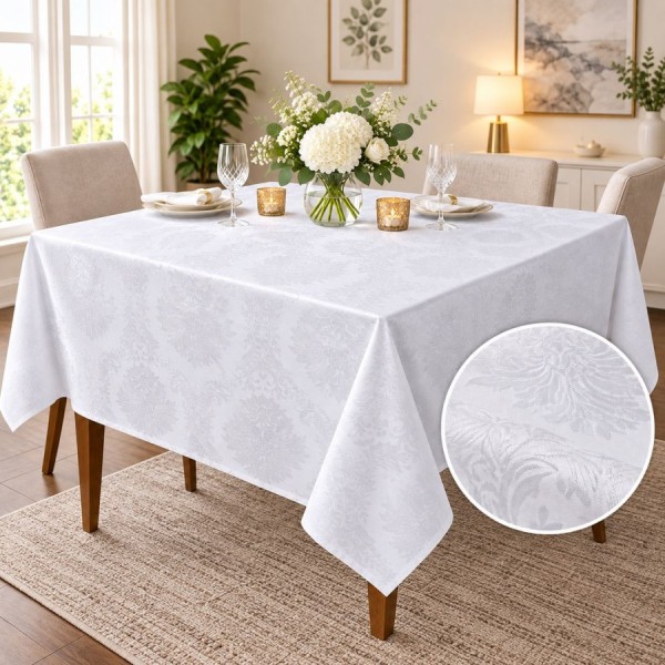 Fata de masa alba jacquard cu medalioane florale pe masa lunga 150x320cm
