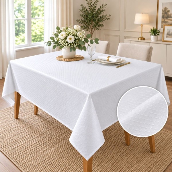 Fata de masa satinata jacquard alba 150x320 cm, elegant geometric