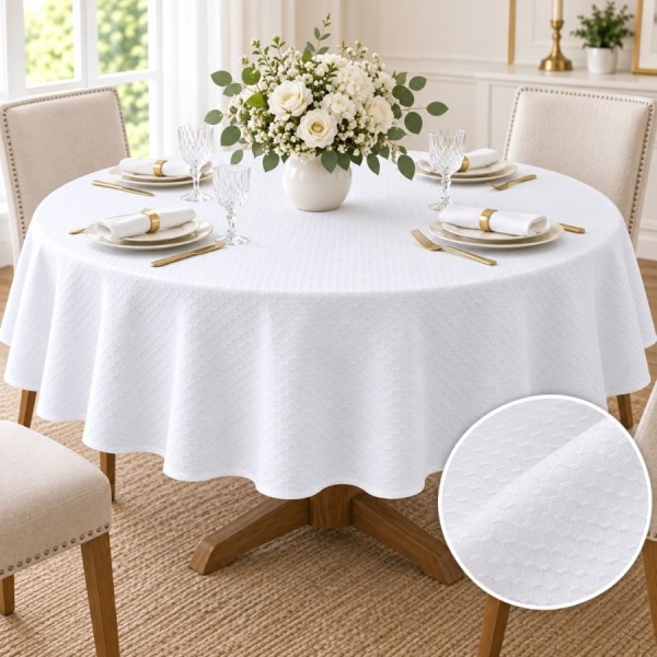 Fata de masa alba rotunda 140cm jacquard, elegant geometric pe masa festiva