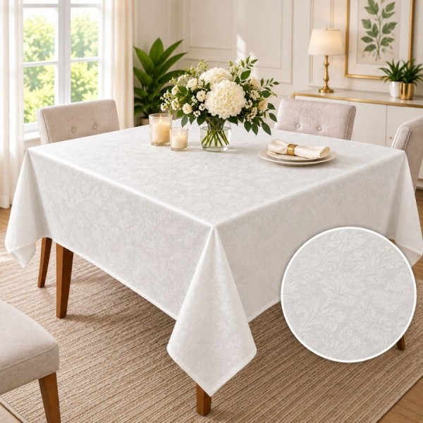 Fata de masa satinata jacquard crem 150x320 cm, elegant floral