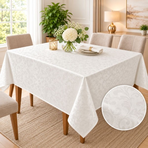 Fata de masa satinata jacquard crem 150x320 cm, model arabesc
