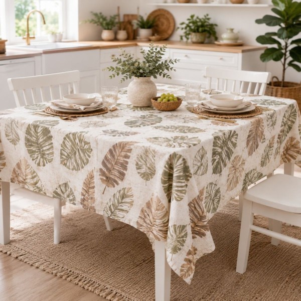 Fata de masa 160x320 cm bumbac poliester teflonat frunze palmier, fabricata in Romania
