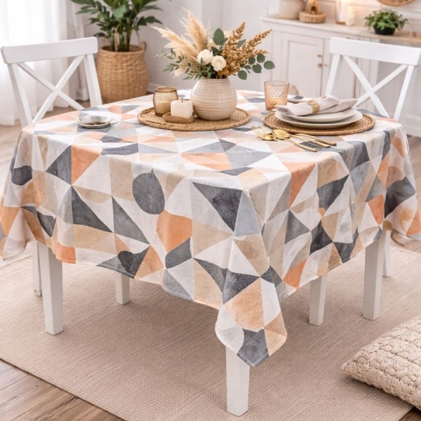 Fata de masa 160x320 cm bumbac poliester teflonat Geometric gri, bej, caramiziu, fabricata in Romania