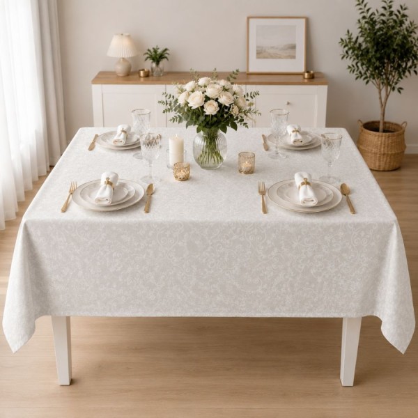 Fata de masa teflonata 120x160 cm alba cu imprimeu ornamental F8