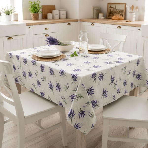 Fata de masa 120x160 cm teflonata alba cu lavanda model floral elegant bucatarie, fabricata in Romania