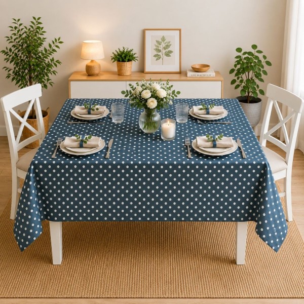 Fata de masa teflonata 120x160 cm albastra cu buline albe pe masa dreptunghiulara