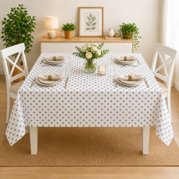 Fata de masa teflonata 120x160 cm model Buline gri pe masa dreptunghiulara