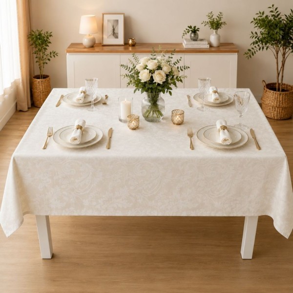 Fata de masa teflonata 120x160 cm crem cu imprimeu baroc si floral F4