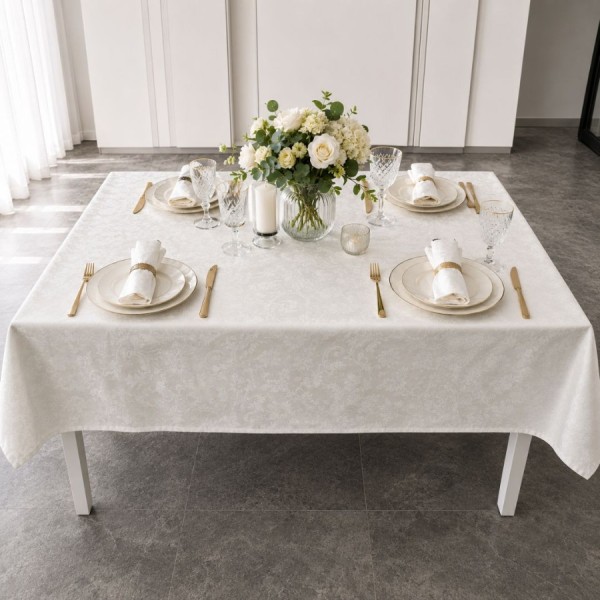 Fata de masa teflonata 120x160 cm crem cu imprimeu ornamental si floral F4