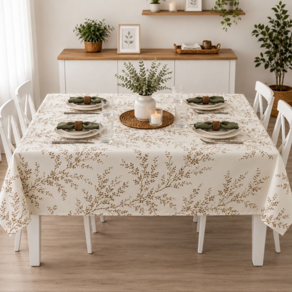 Fata de masa teflonata 120x160 cm cu Crengute maro pe fundal crem