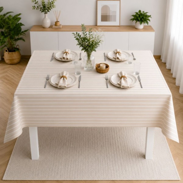 Fata de masa teflonata 120x160 cm cu dungi albe pe fundal bej