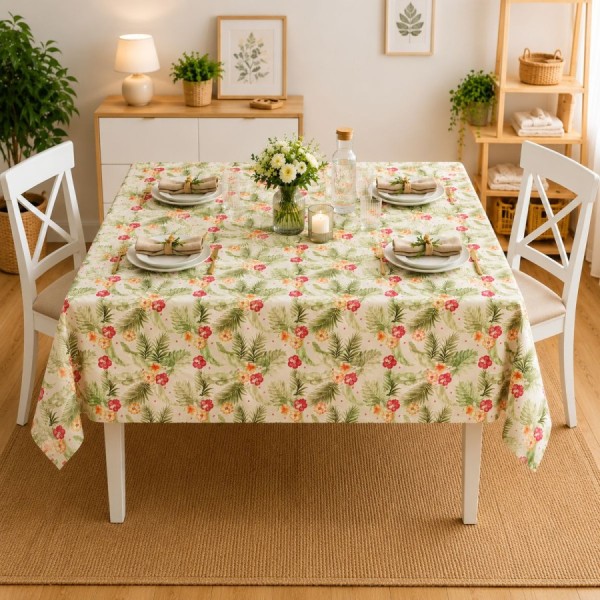 Fata de masa teflonata 120x160 cm model Flori tropicale pe masa dreptunghiulara