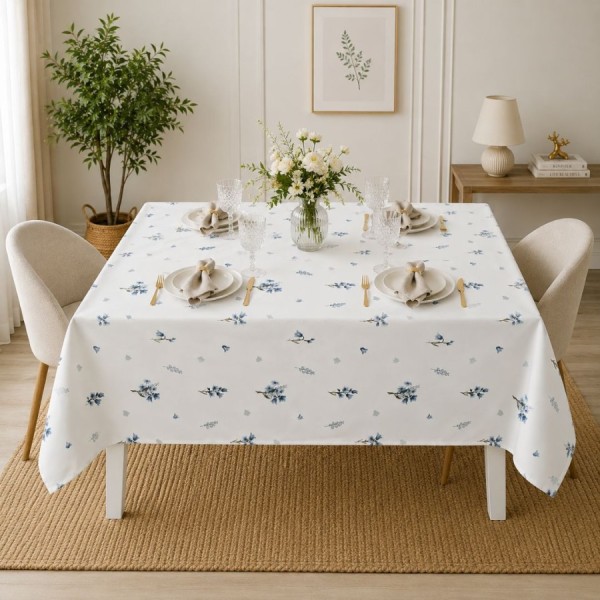 Fata de masa teflonata 120x160 cm cu floricele albastre pe fundal alb