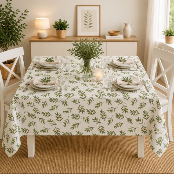 Fata de masa teflonata 120x160 cm model Frunze cu masline verzi pe masa dreptunghiulara