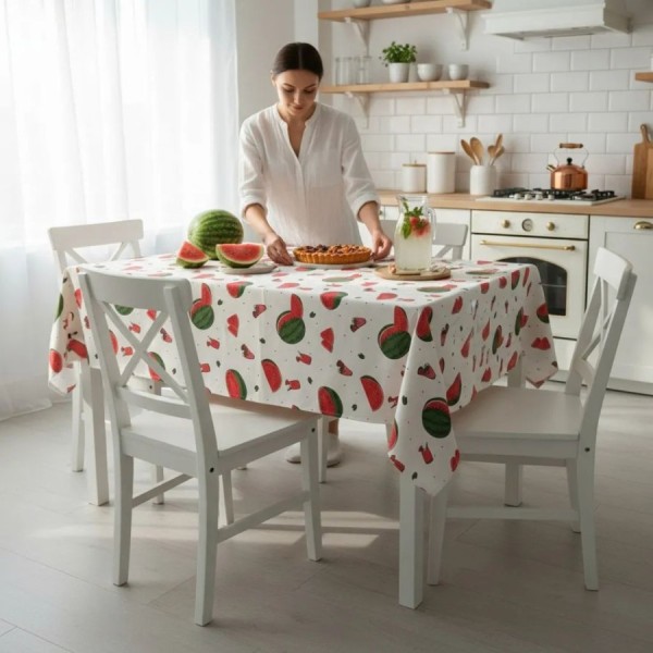 Fata de masa 120x160 cm teflonata model pepene rosu colorat pentru masa dining, fabricata in Romania