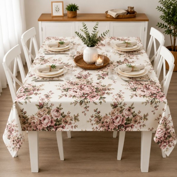 Fata de masa teflonata 120x160 cm cu trandafiri roz pe fond crem