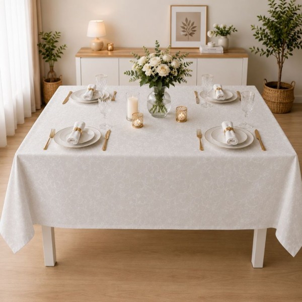 Fata de masa teflonata 140x180 cm crem cu imprimeu floral F15, fabricata in Romania