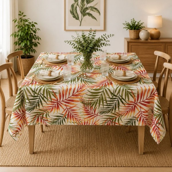 Fata de masa teflonata 140x180 cm Frunze tropicale pe masa dreptunghiulara, fabricata in Romania