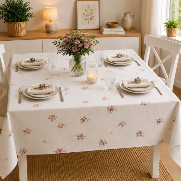 Fata de masa teflonata 160x320 cm model Flori roz cu imprimeu floral delicat pe masa dreptunghiulara mare