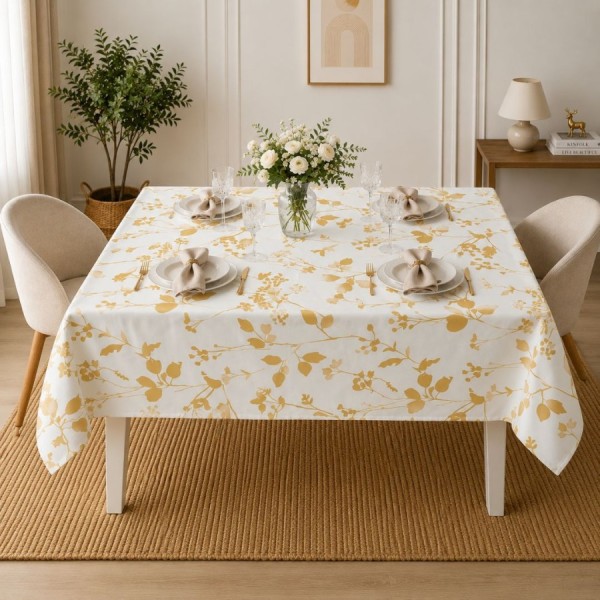 Fata de masa teflonata 160x320 cm cu frunze si crengute galbene pe fundal alb