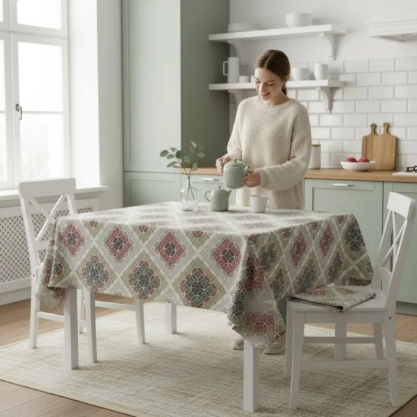 Fata de masa 160x320 cm teflonata model Geometric multicolor pentru masa mare dining, fabricata in Romania