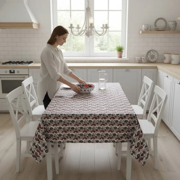 Fata de masa 160x320 cm teflonata cu imprimeu ornamental pentru masa mare dining, fabricata in Romania