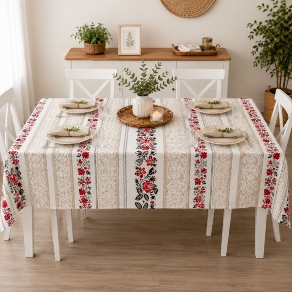Fata de masa teflonata 160x320 cm cu model traditional rosu si negru