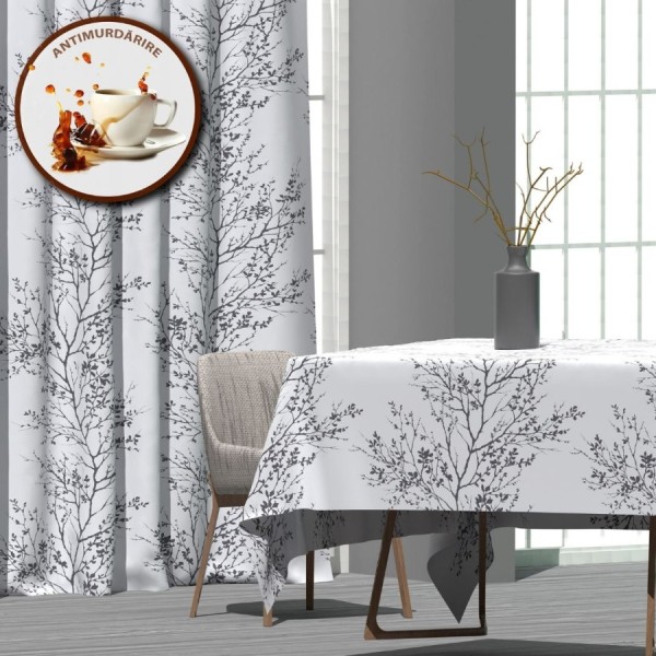 Fata de masa rotunda teflonata din bumbac, diametru 140cm model crengute gri, decor elegant pentru mese rotunde