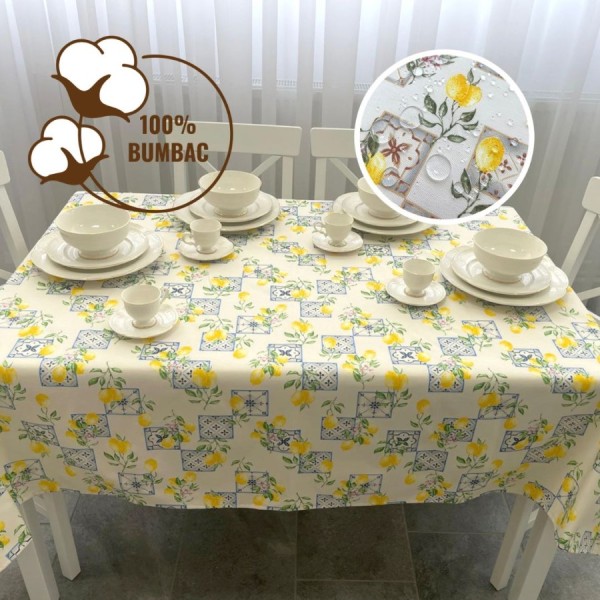 Fata de masa rotunda teflonata din bumbac, diametru 140cm model cu imprimeu lamai si ceramica albastra