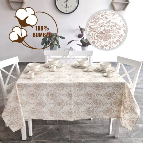 Fata de masa rotunda teflonata din bumbac, diametru 140cm model bej baroc, decor elegant pentru mese rotunde