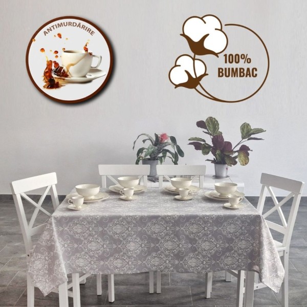 Fata de masa rotunda teflonata din bumbac, diametru 140cm model baroc gri V1, decor elegant pentru mese rotunde
