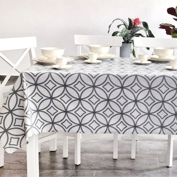 Fata de masa rotunda teflonata din bumbac, diametru 140cm model geometric cu cercuri, decor elegant pentru mese rotunde
