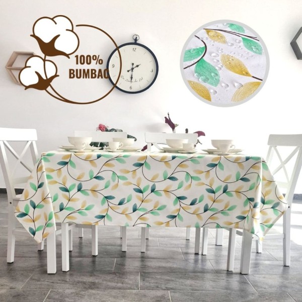 Fata de masa rotunda 180 cm, bumbac teflonat, model Frunze galben-verde, antimurdarie