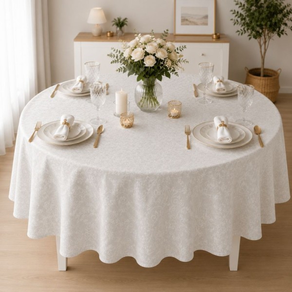 Fata de masă teflonată rotundă 140 cm alba cu imprimeu ornamental, fabricata in Romania