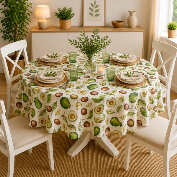 Fata de masa teflonata rotunda 140 cm Avocado Ralex Pucioasa pe masa rotunda, fabricata in Romania
