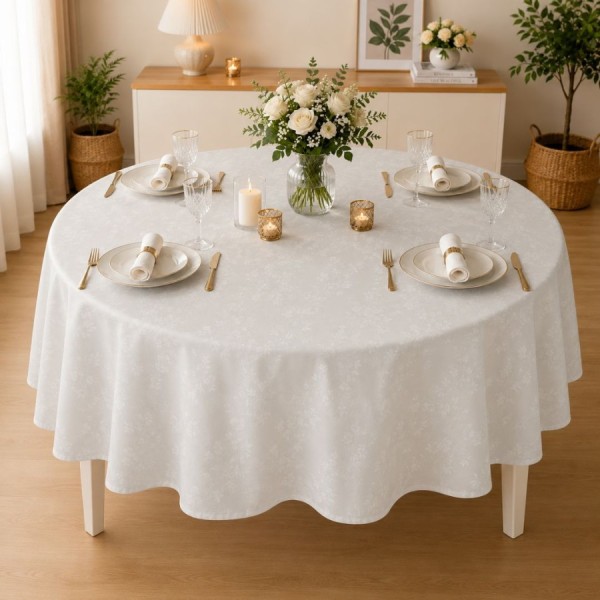 Fata de masă teflonată rotundă 140 cm crem cu frunze F18, fabricata in Romania
