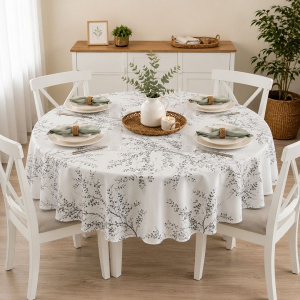 Fata de masă teflonată rotundă 140 cm cu model crengute gri, fabricata in Romania