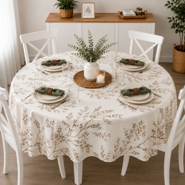 Fata de masă teflonată rotundă 140 cm cu crengute maro pe fond crem, fabricata in Romania