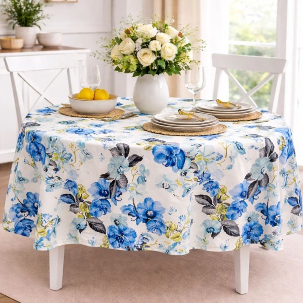Fata de masa rotunda 140 cm bumbac teflonat Flori marialbastre, fabricata in Romania