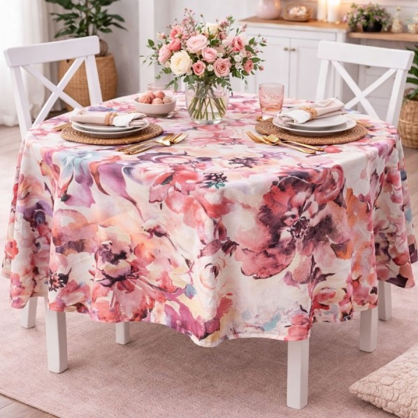 Fata de masa rotunda 140 cm bumbac teflonat flori pictate, fabricata in Romania