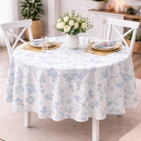 Fata de masa rotunda 140 cm bumbac teflonat Floricele albastre, fabricata in Romania